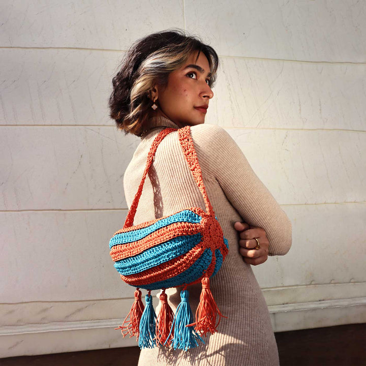 Handmade Crochet Orange & Blue Duffel Sling Bag