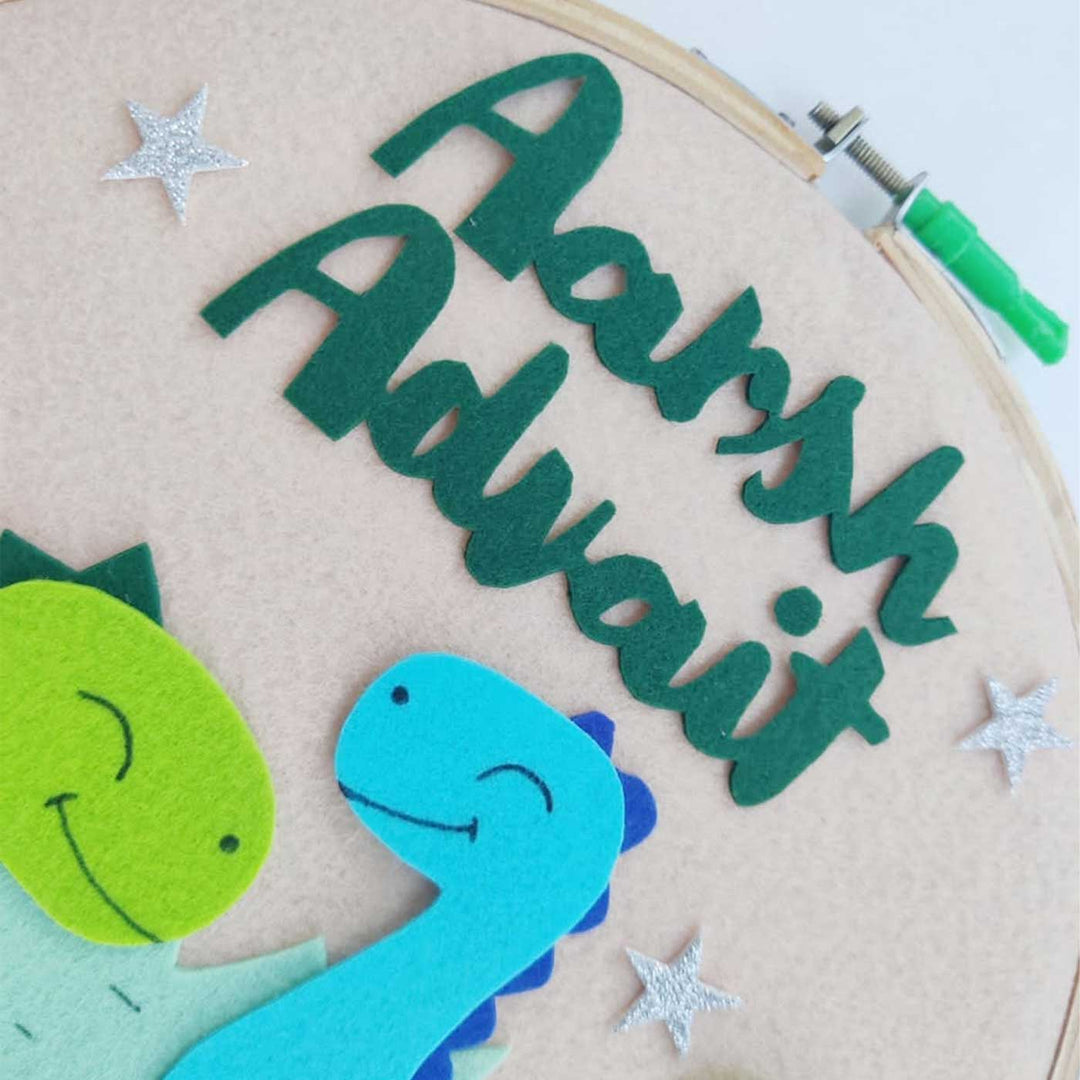 Personalized Handmade Dino Theme Felt Hoop Name Plate