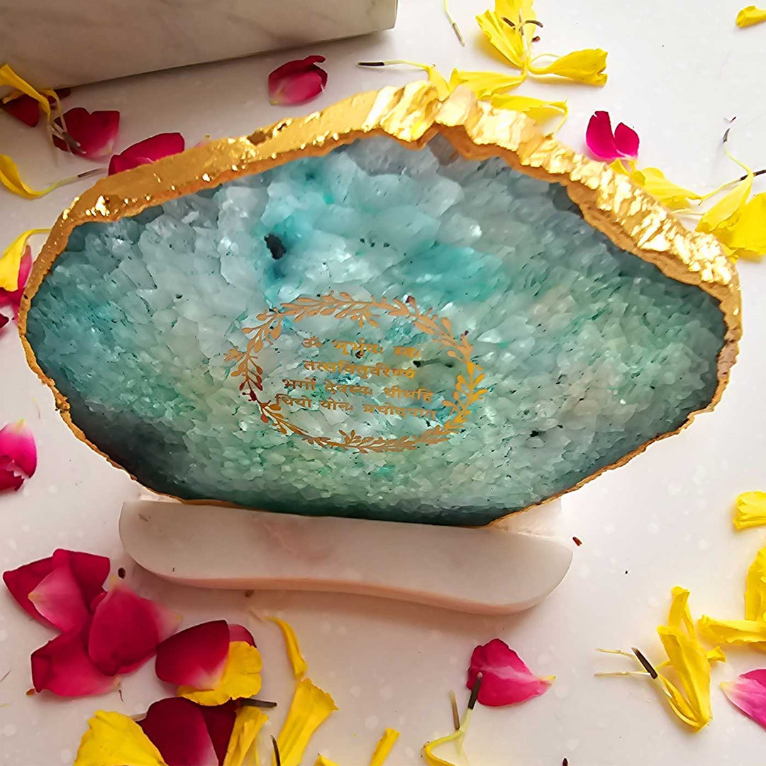 Handmade Green Gayatri Mantra Agate Decor With Marble Tea Light Holder