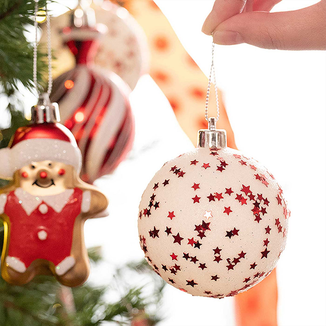 Red & White Gingerbread themed Christmas Ball Ornaments For Decoration | Set of 70