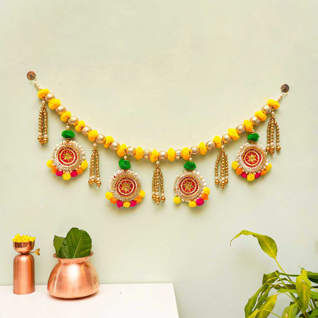 Handmade Yellow Pom Pom Toran With Decorative Shell Bangles