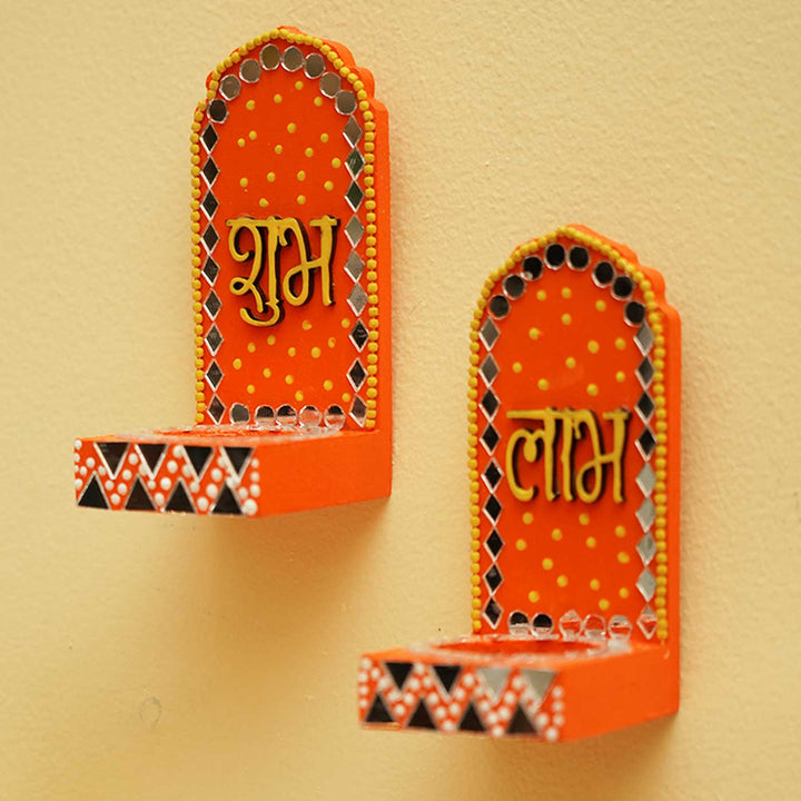 Handmade Orange Shubh Labh MDF Tealight Holder | Set Of 2