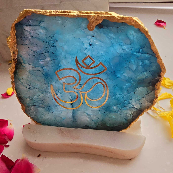 Handmade Turquoise Om Agate Decor With Marble Tea Light Holder