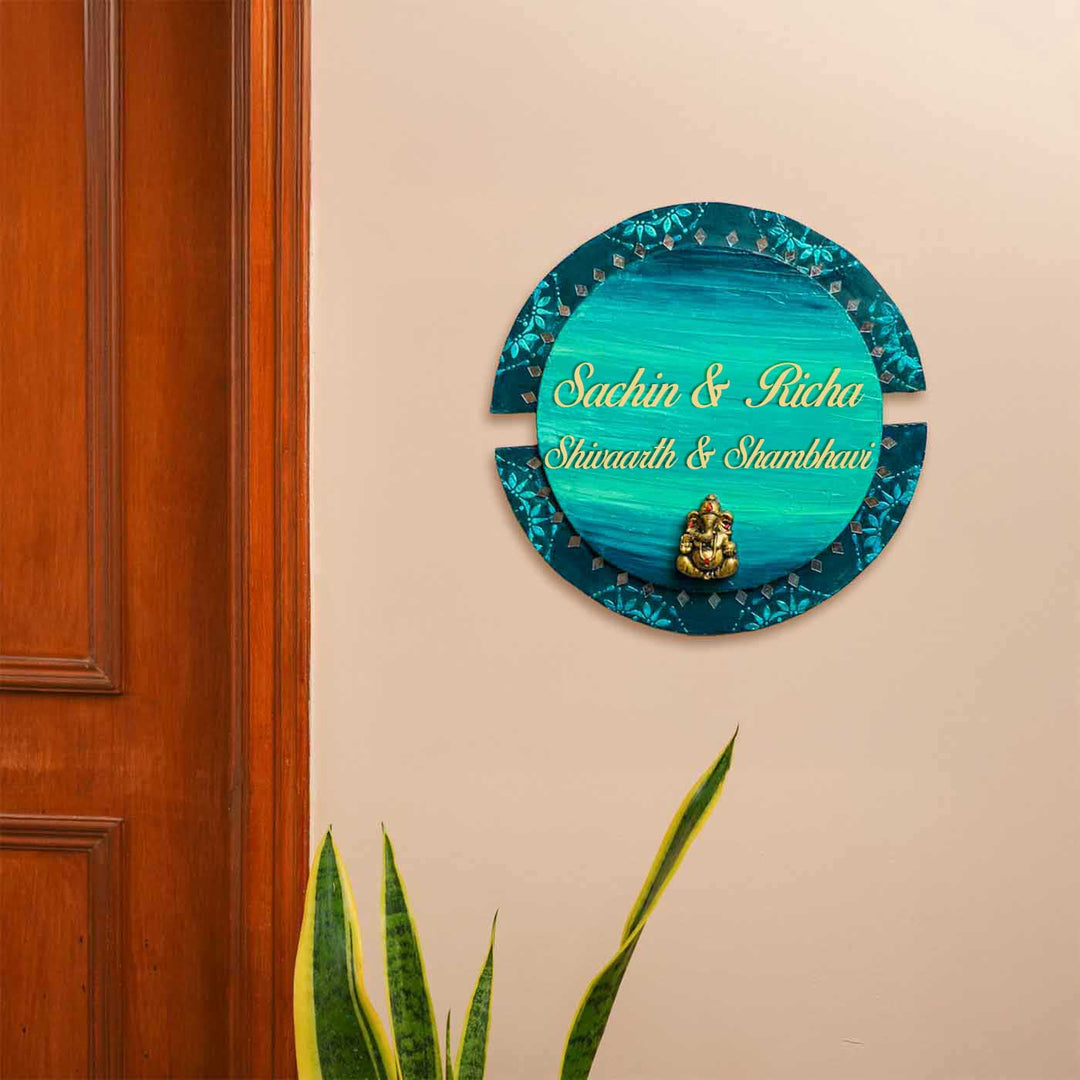 Personalized Round Ganesha Theme Mdf Wood Name Plate