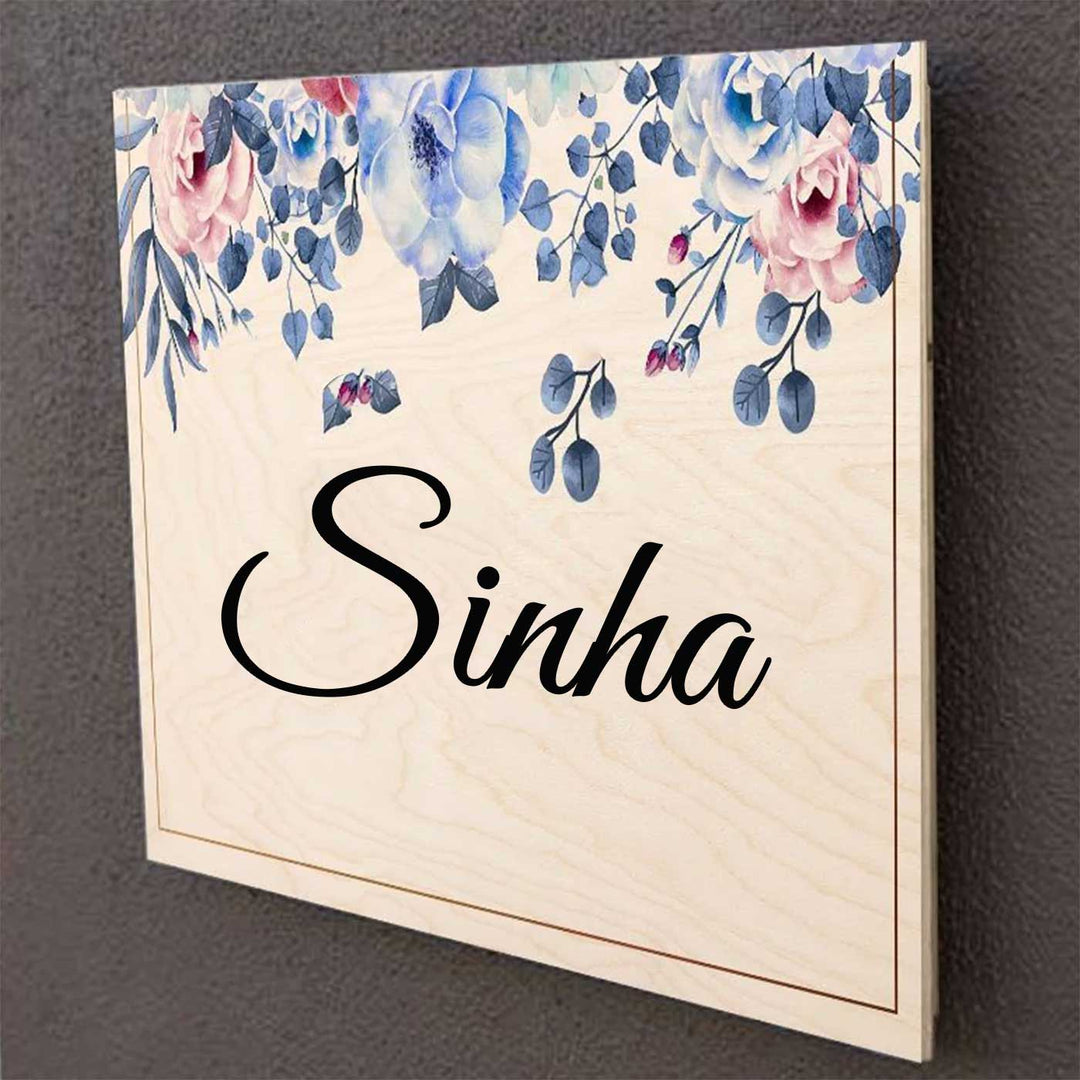 Printed Blue Spring Floral Wooden Rectangle Nameplate