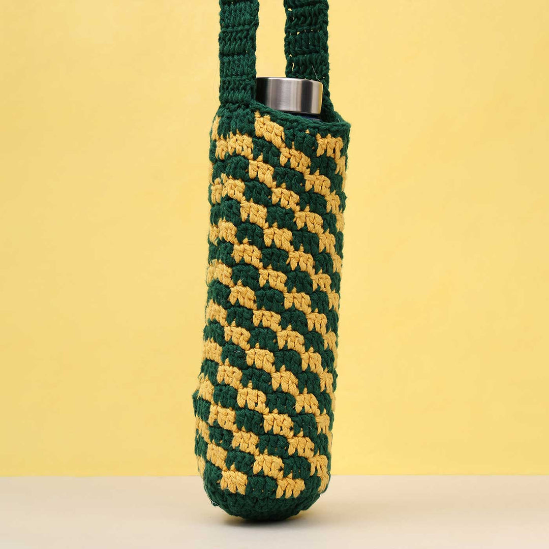 Handmade Crochet Checkered Water Bottle Tote