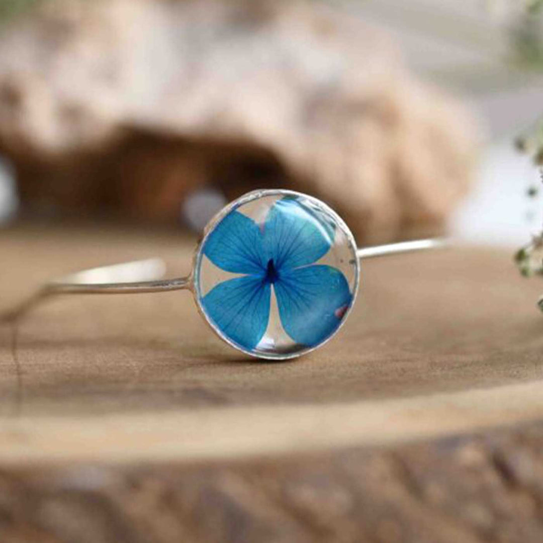 Handmade Blue Gratitude Preserved Flower Brass Bangle