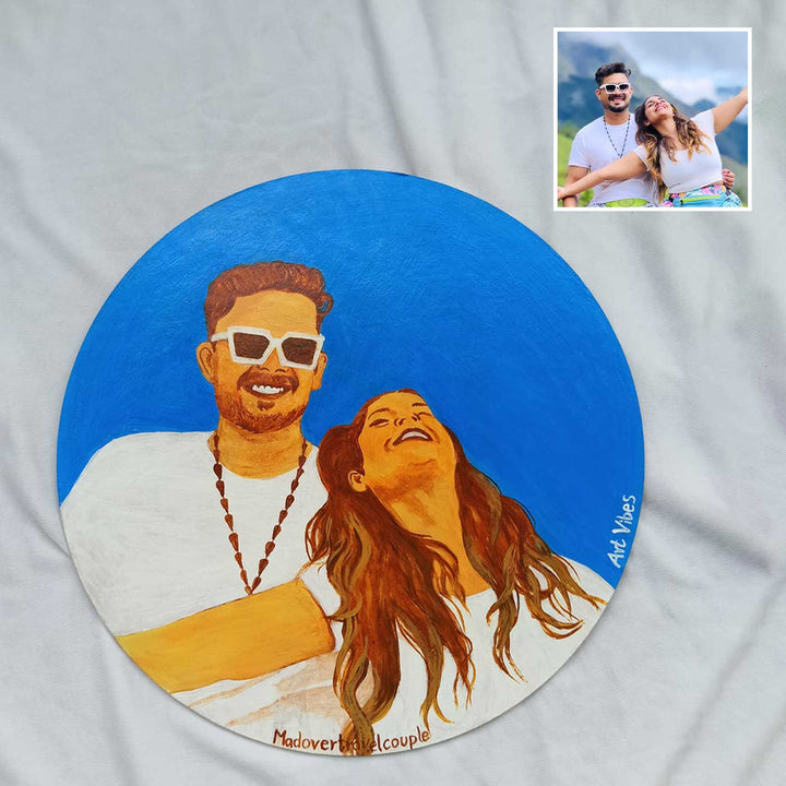 Personalized Photo Based Caricature Round Monochrome Blue Portrait For Couples