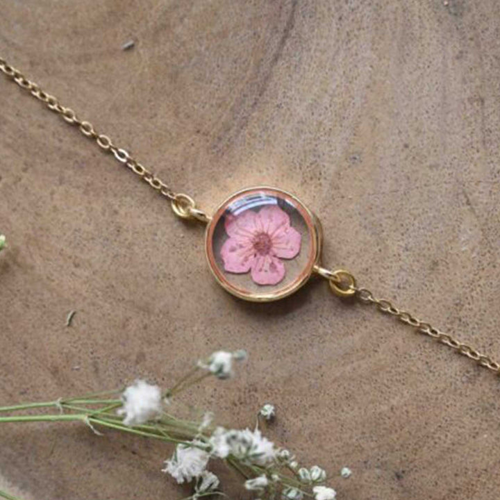 Handmade Pink Blossom Preserved Flower Brass Bracelet