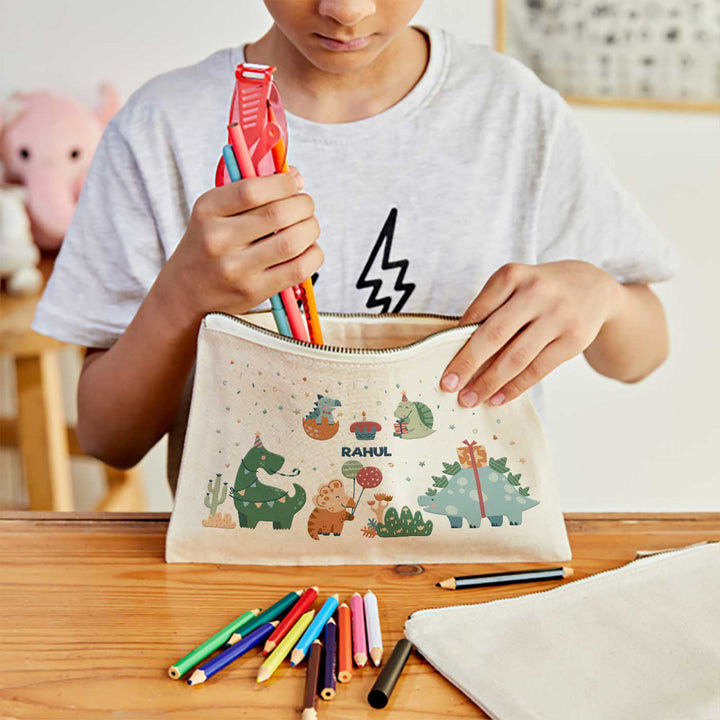 Personalized Dino Party Theme Cotton Pencil Pouch