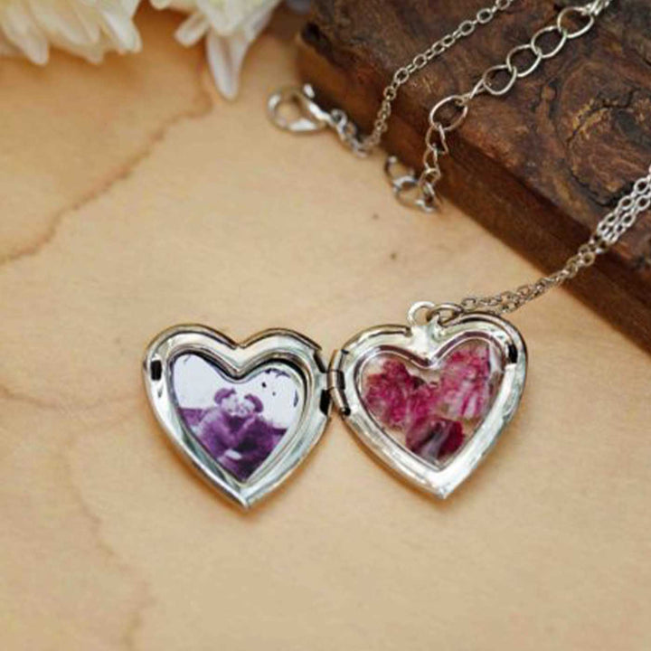 Photo Personalized Heart Shaped Gypsophillia Preserved Flower Brass Necklace With Locket