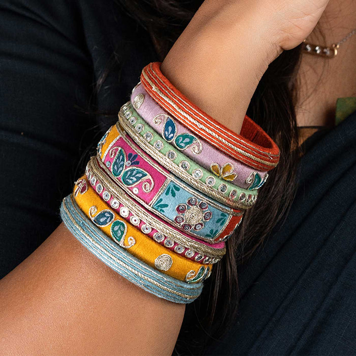 Pastel Handcrafted Kangana Silver Work Cotton Thread Bangles | Set of 7