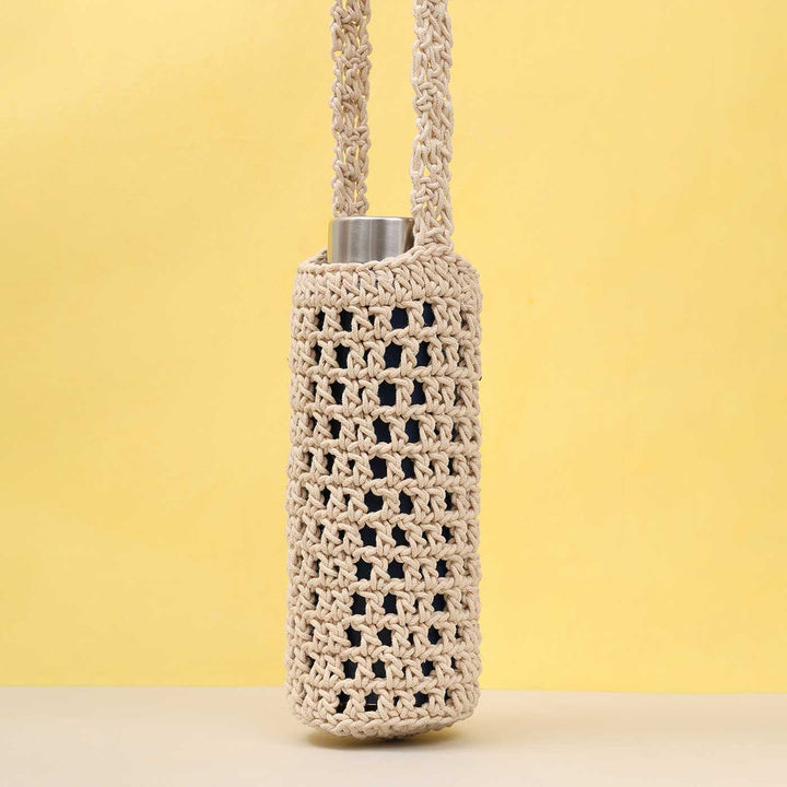 Handmade Crochet White Water Bottle Tote Bag