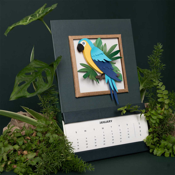 Handmade 3D Blue & Gold Macaw 2025 Desk Calendar