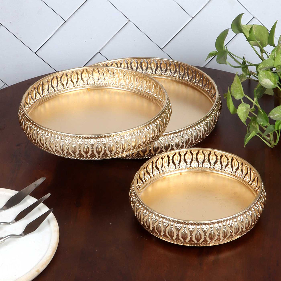 Handmade Round Etching Gold Tray | Set Of 3