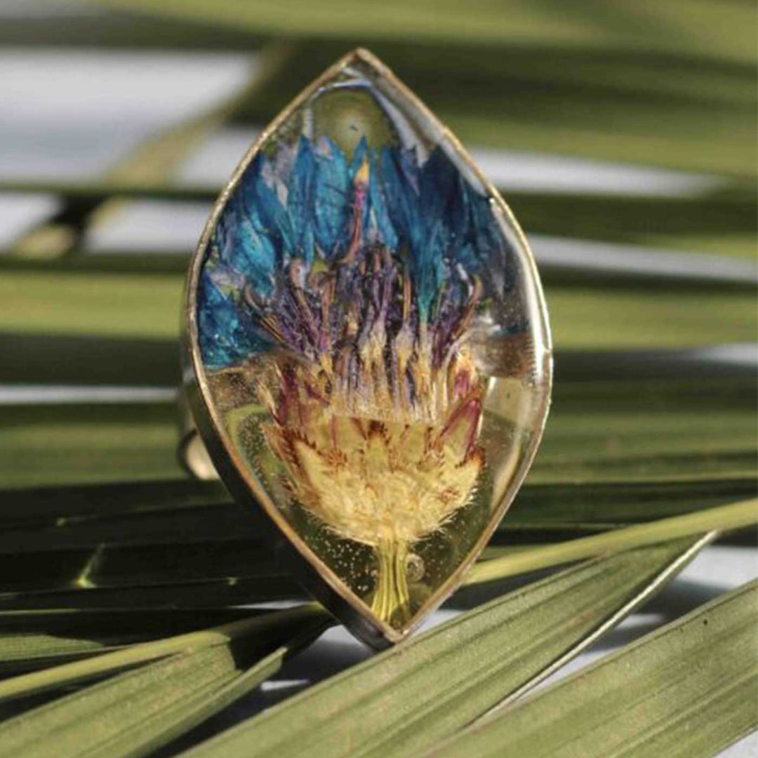 Handmade Large Preserved Cornflower Brass Ring