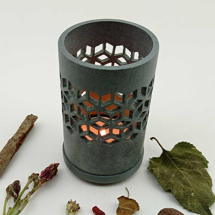 Handmade Grey Atuf Intricate Hexagonal Jaali Soapstone Tealight Holder