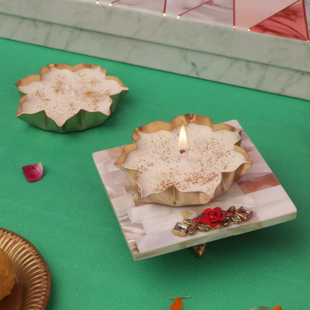 Handmade Mother Of Pearl Square Pooja Chowki With Metal Votive Candle | Set Of 3