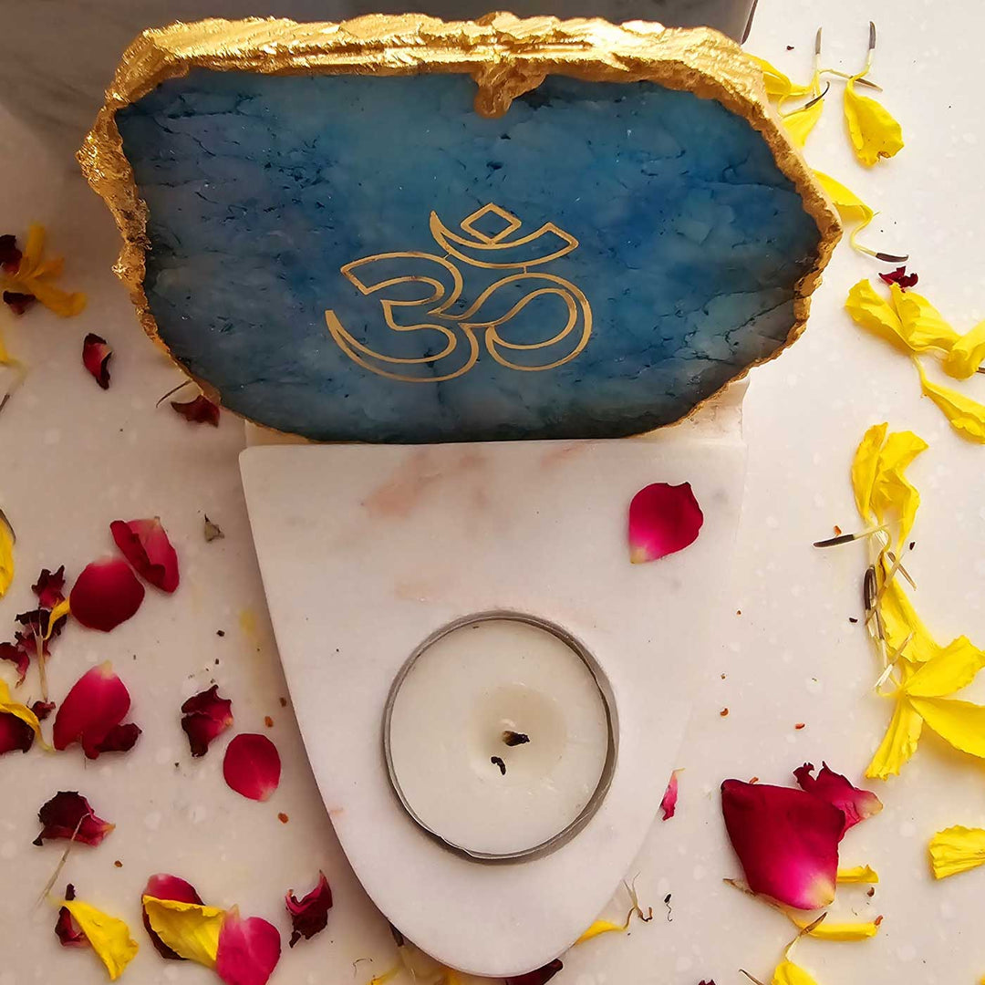 Handmade Turquoise Om Agate Decor With Marble Base Tea Light Holder