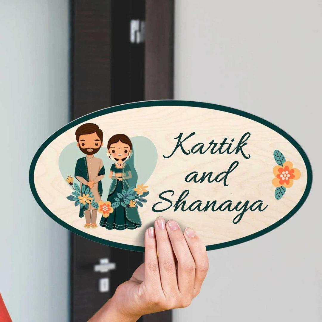 Printed Wooden Oval Character Nameplate For Couples