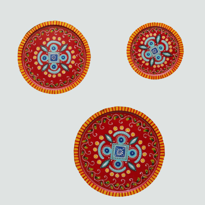 Hand-Painted Red Ornate Wooden Wall Plate | Set Of 3