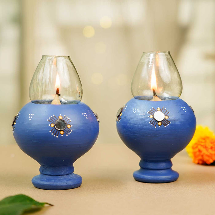 Handmade Persian Blue Terracotta Oil Lamp / Diya | Set Of 2