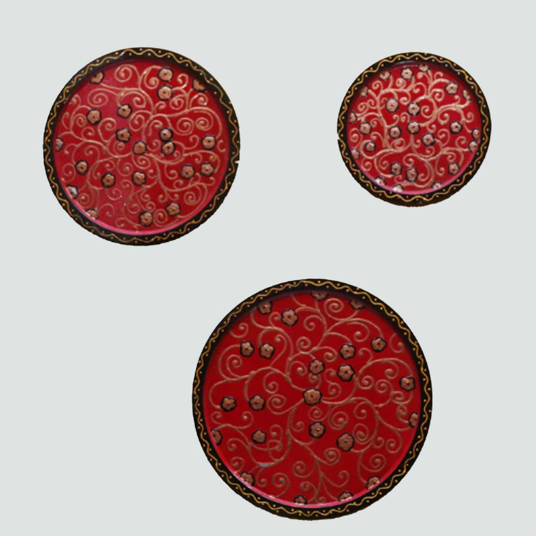 Hand-Painted Red Ornate Wooden Wall Plate | Set Of 3