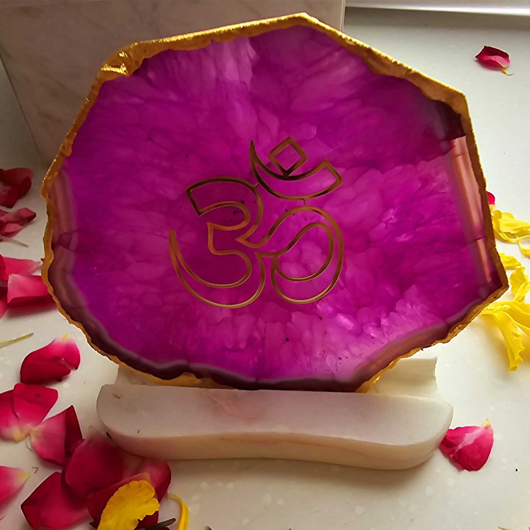 Handmade Pink Om Agate Decor With Marble Tea Light Holder