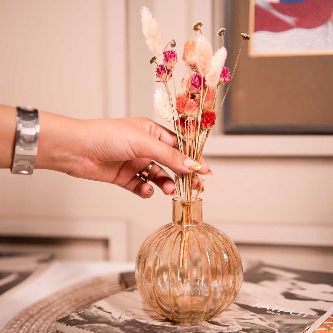 Pumpkin Glass Vase With Dried Flower Bunch