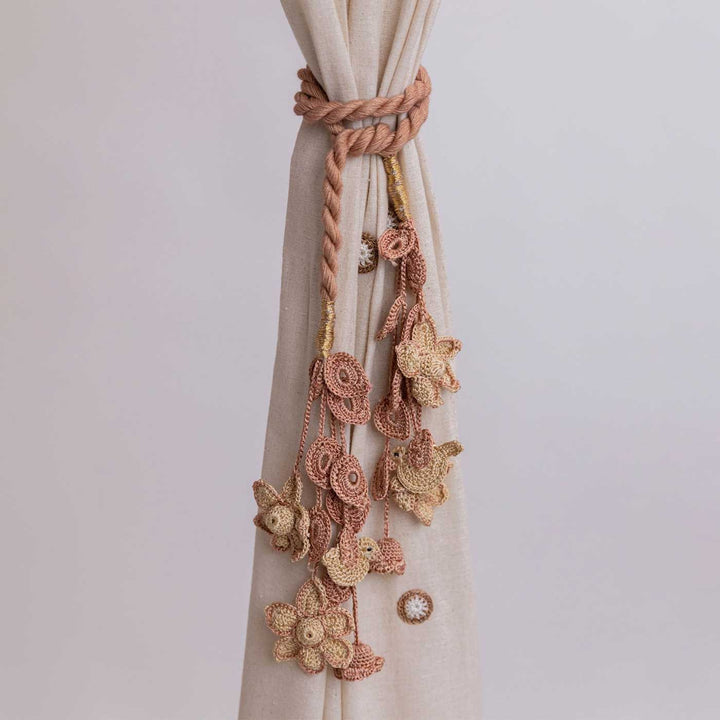 Handmade Kono Beige Flowers & Birds Curtain Tie Backs | Set of 2