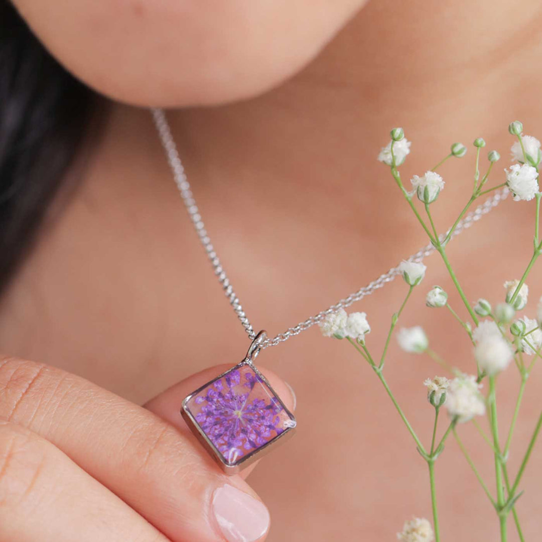 Handmade Preserved Flower Royal Amethyst Brass Necklace