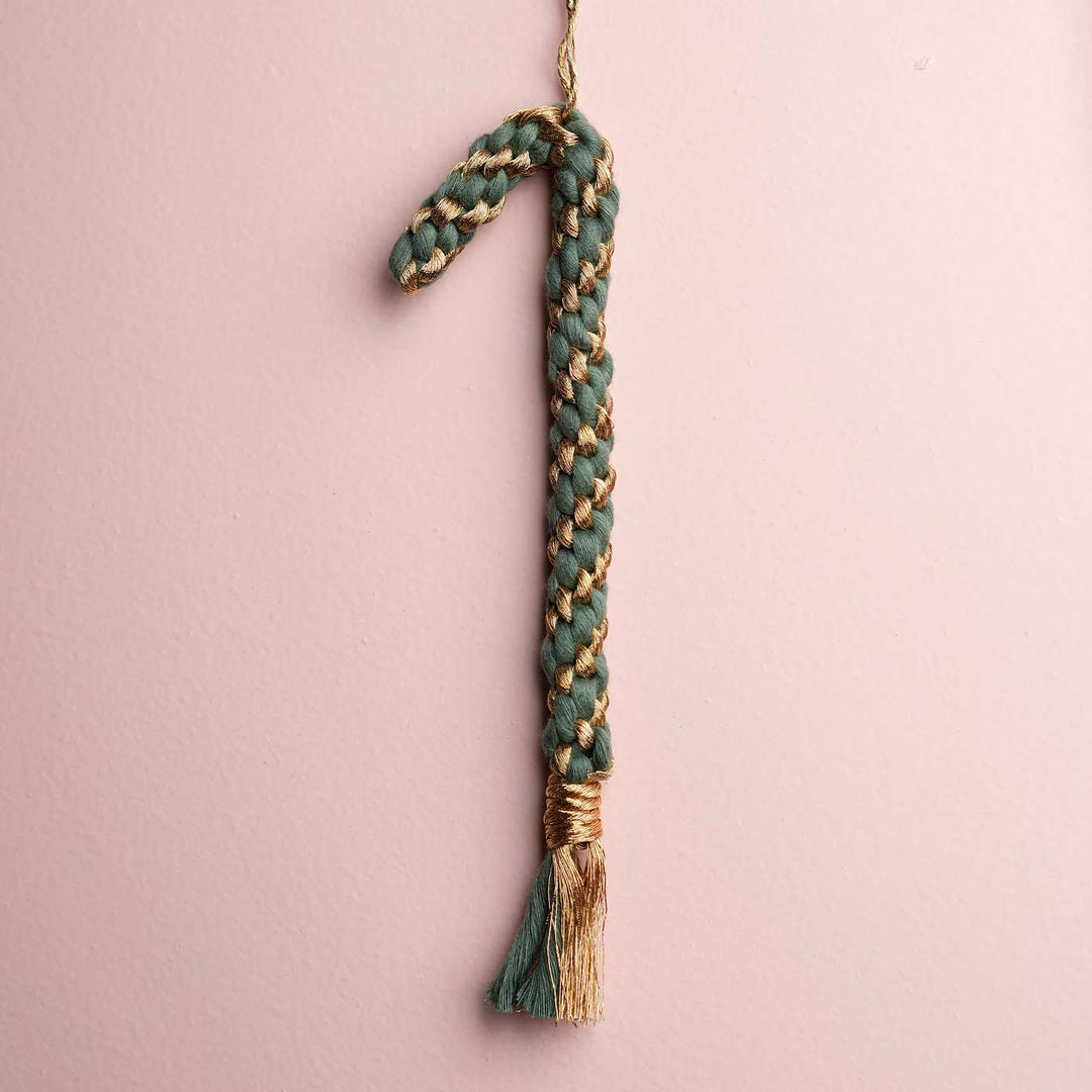 Handmade Green Candy Cane Macrame Ornament For Christmas Tree Decoration