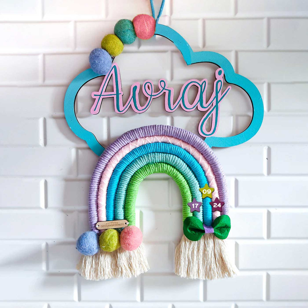 Macrame Cloud & Rainbow with Bow Personalized Kids' Nameplate