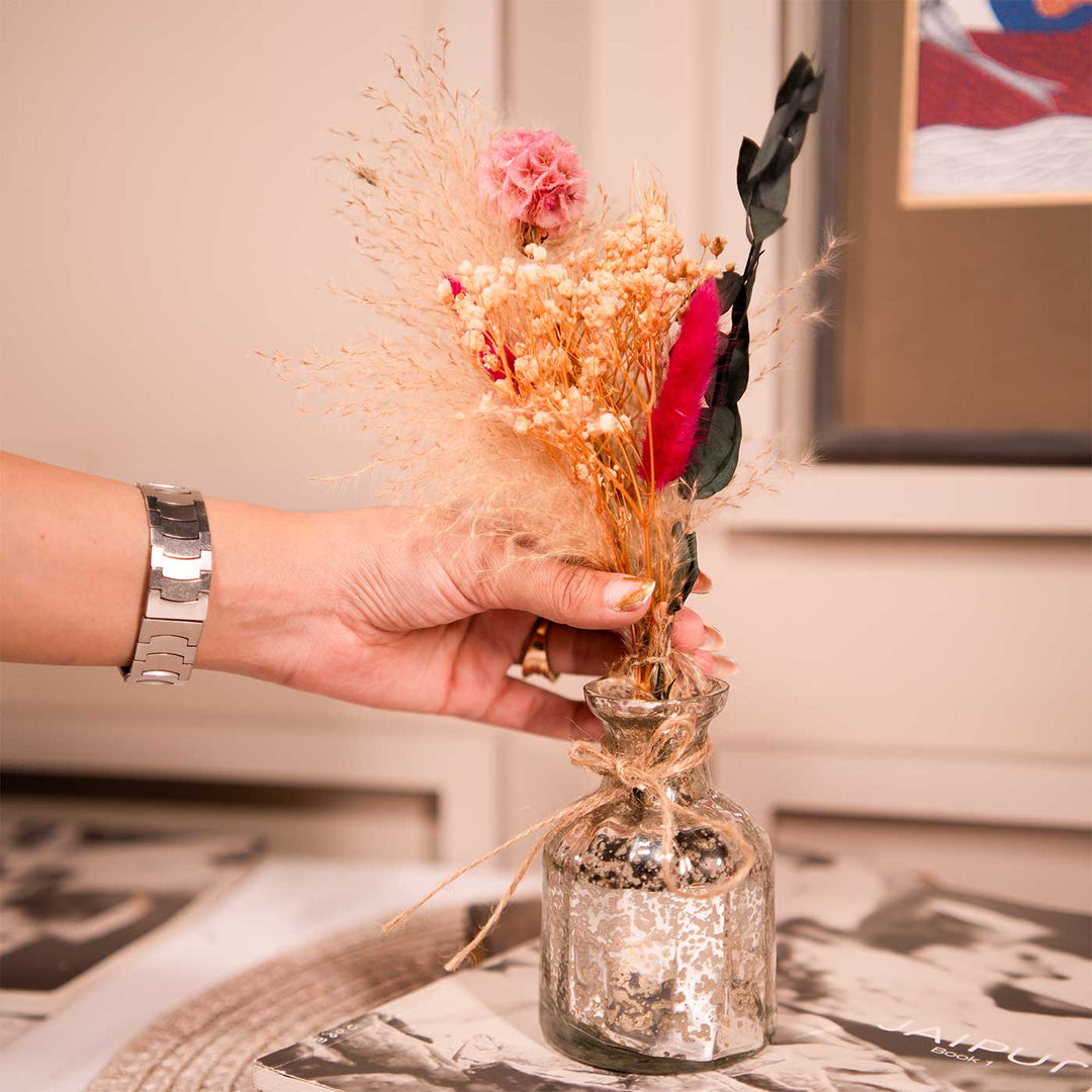 Silver Blossom Glass Vase With Dried Flower Bunch