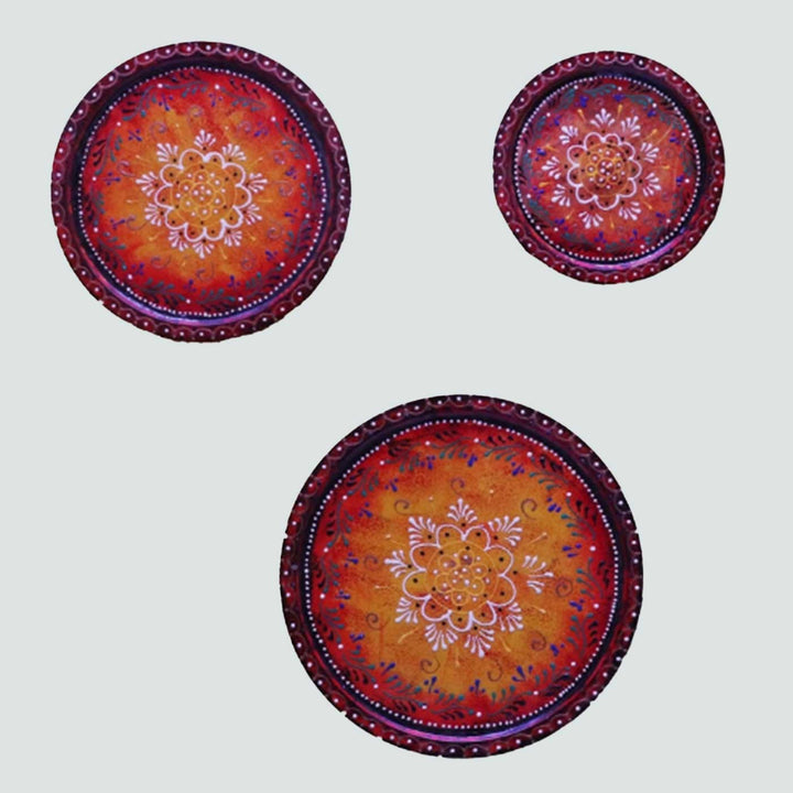 Hand-Painted Red Ornate Wooden Wall Plate | Set Of 3