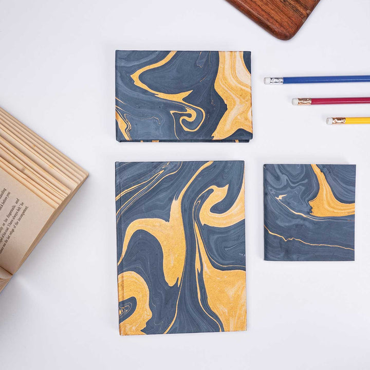 Handmade Unruled Blue Marble Journal, Notepad & Pocket Diary | 120 Gsm | Set Of 3