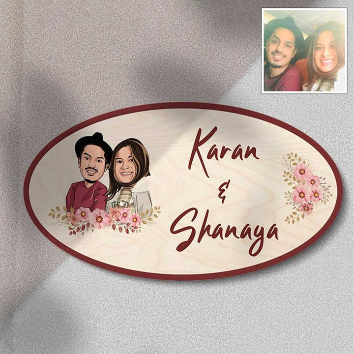 Photo Personalized Printed Wooden Oval Character Nameplate For Couples