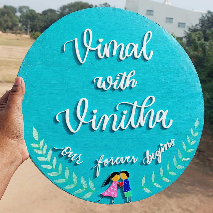 Personalized Blue Round Pine Wood Name Plate