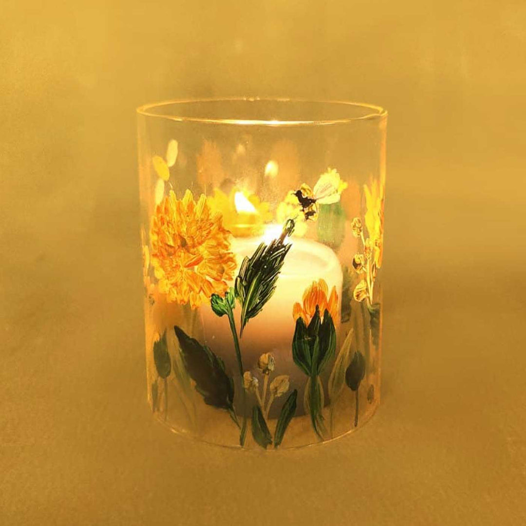 Hand Painted Floral Glass Candle Holder