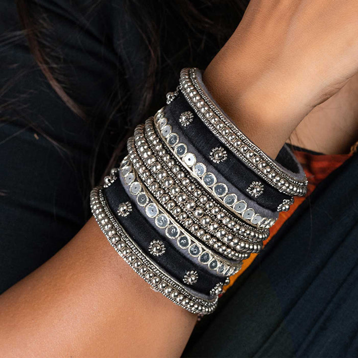 Black & Silver Handcrafted Amara Sequin Work Bangles | Set of 7