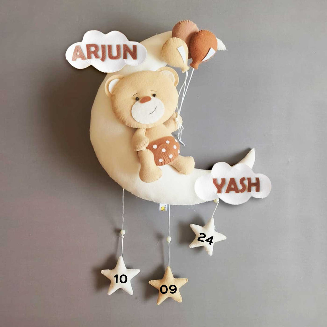 Hand-stitched Teddy Themed Felt Moon Nameplate with Birthdate For Kids