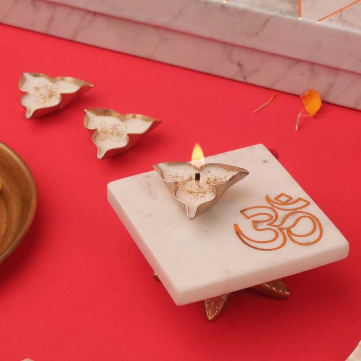 Handmade Marble Om Square Pooja Chowki With Metal Votive Candle | Set Of 7