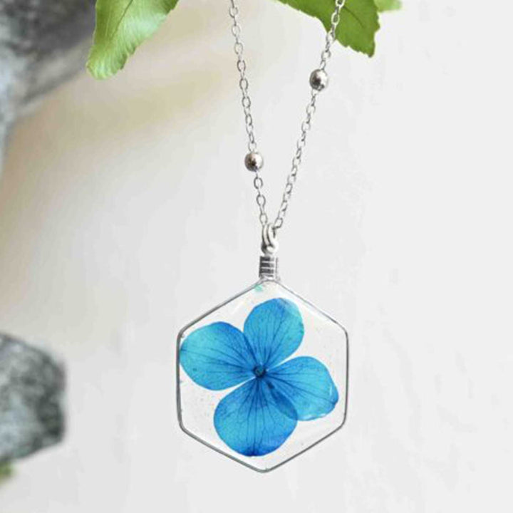 Handmade Preserved Flower Azure Blue Hydrangea Brass Necklace