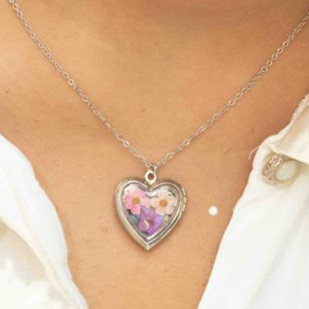 Photo Personalized Heart Shaped Pink Preserved Flower Brass Necklace With Locket