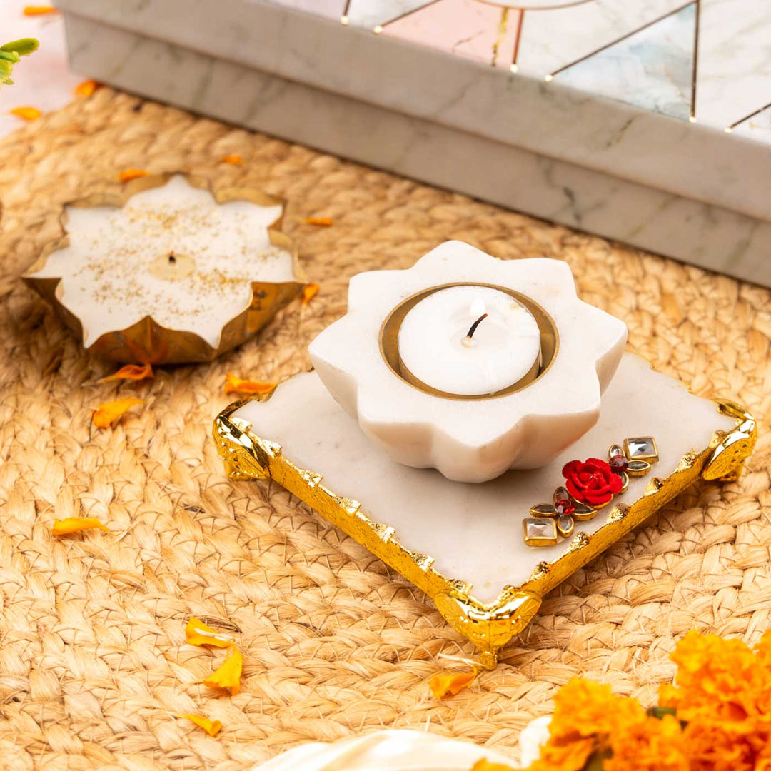 Handmade Multicolor Marble & Brass Diya Bowl With Marble Chowki & Candle | Set of 3