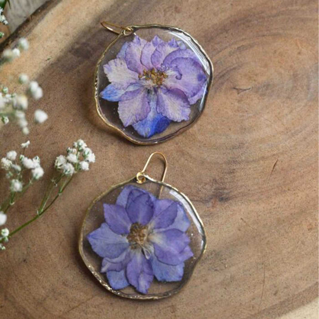 Handmade Preserved Flower Purple Delphinium Brass Earrings