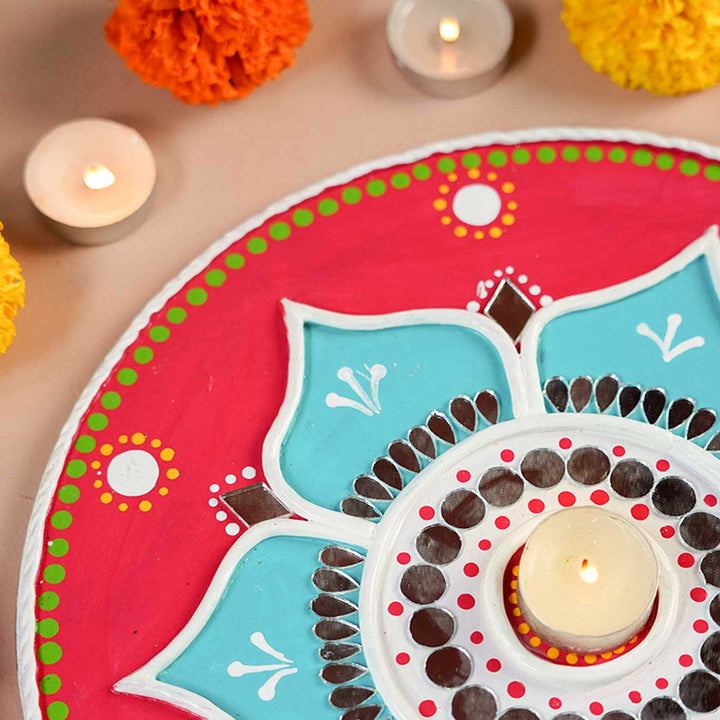 Handmade Lippan Rangoli Wooden Tealight Holder