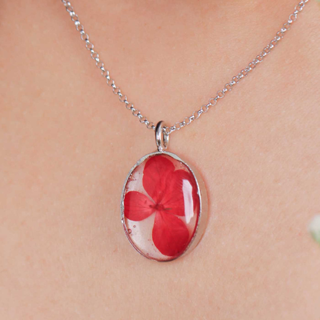 Handmade Preserved Flower Red Beating Heart Brass Necklace