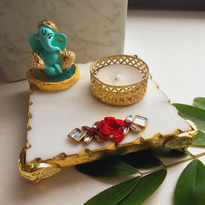 Handmade Green Ganesha With Marble Pooja Chowki And Tea Light Holder