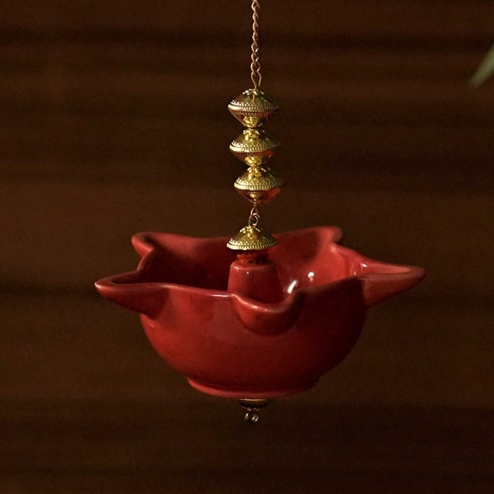 Handmade Red Mandir Hanging Ceramic Oil Lamp / Diya | Set Of 2